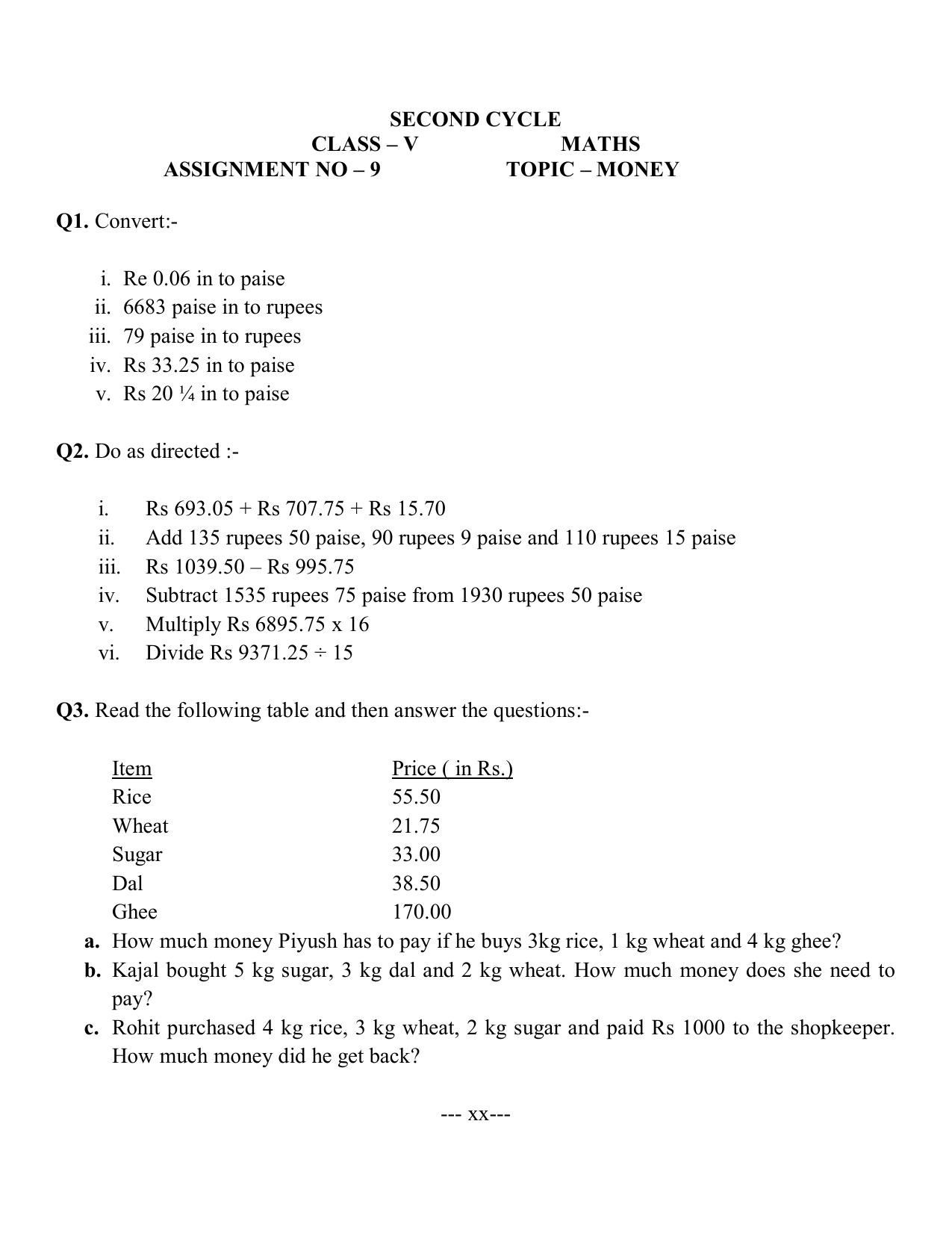 Worksheet for Class 5 Maths Assignment 37 - Page 1