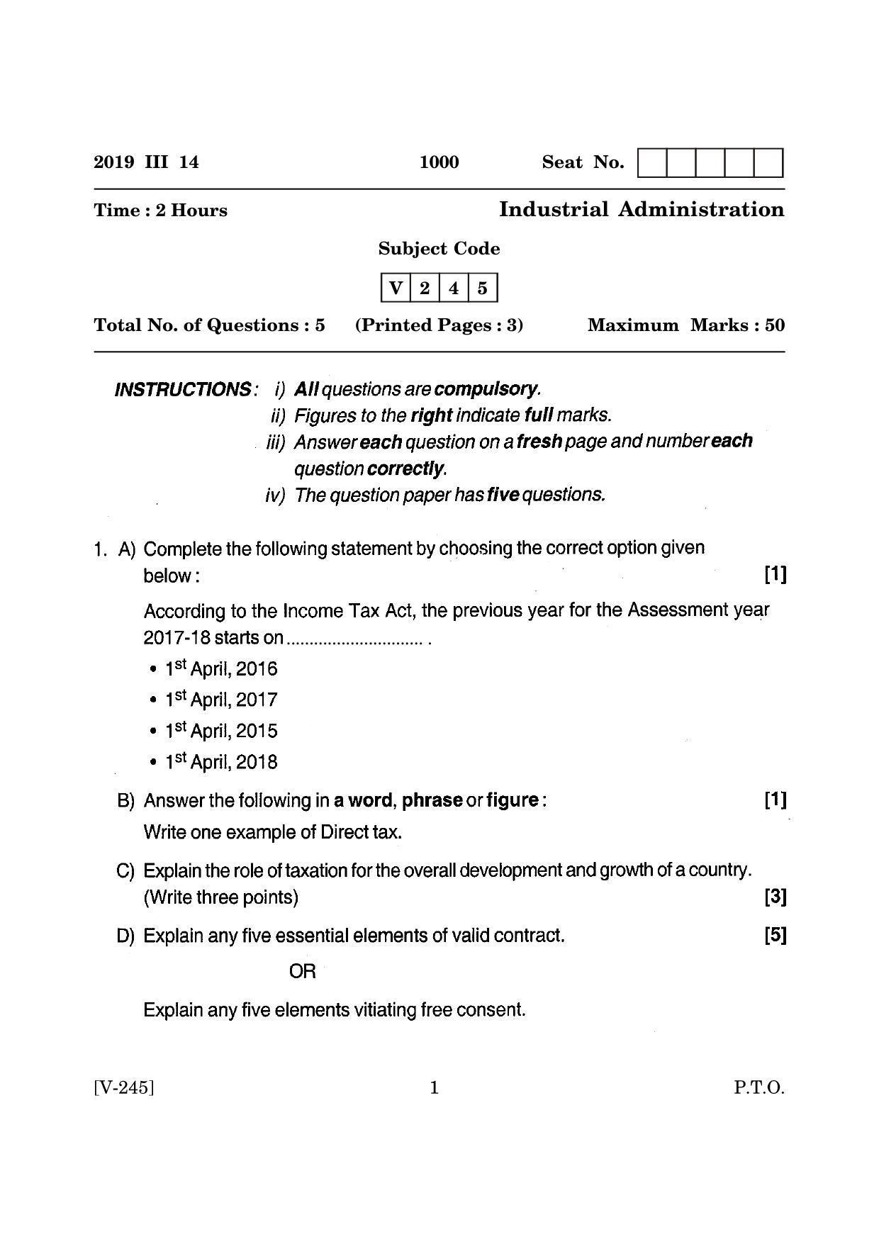 Goa Board Class 12 Industrial Administration (March 2019) Question Paper - Page 1