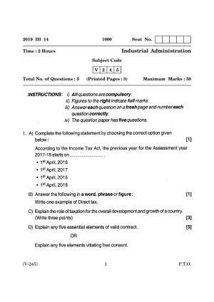 Goa Board Class 12 Industrial Administration (March 2019) Question Paper