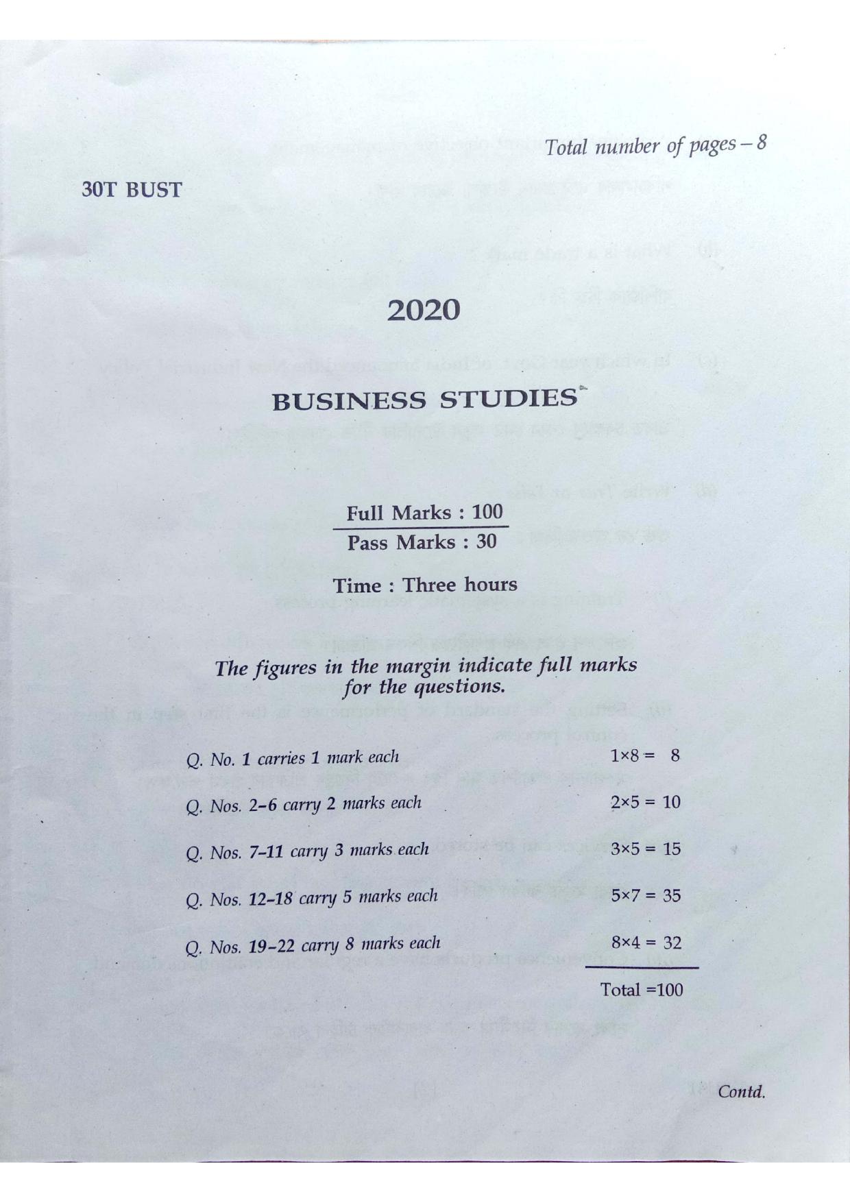 Assam HS 2nd Year Business Studies 2020 Question Paper - Page 1