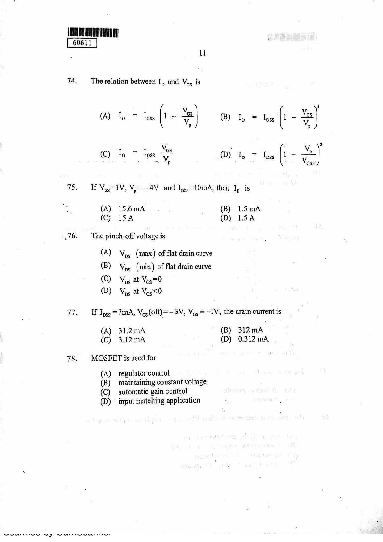 CUSAT CAT 2011 Electronics Question Paper - Page 12