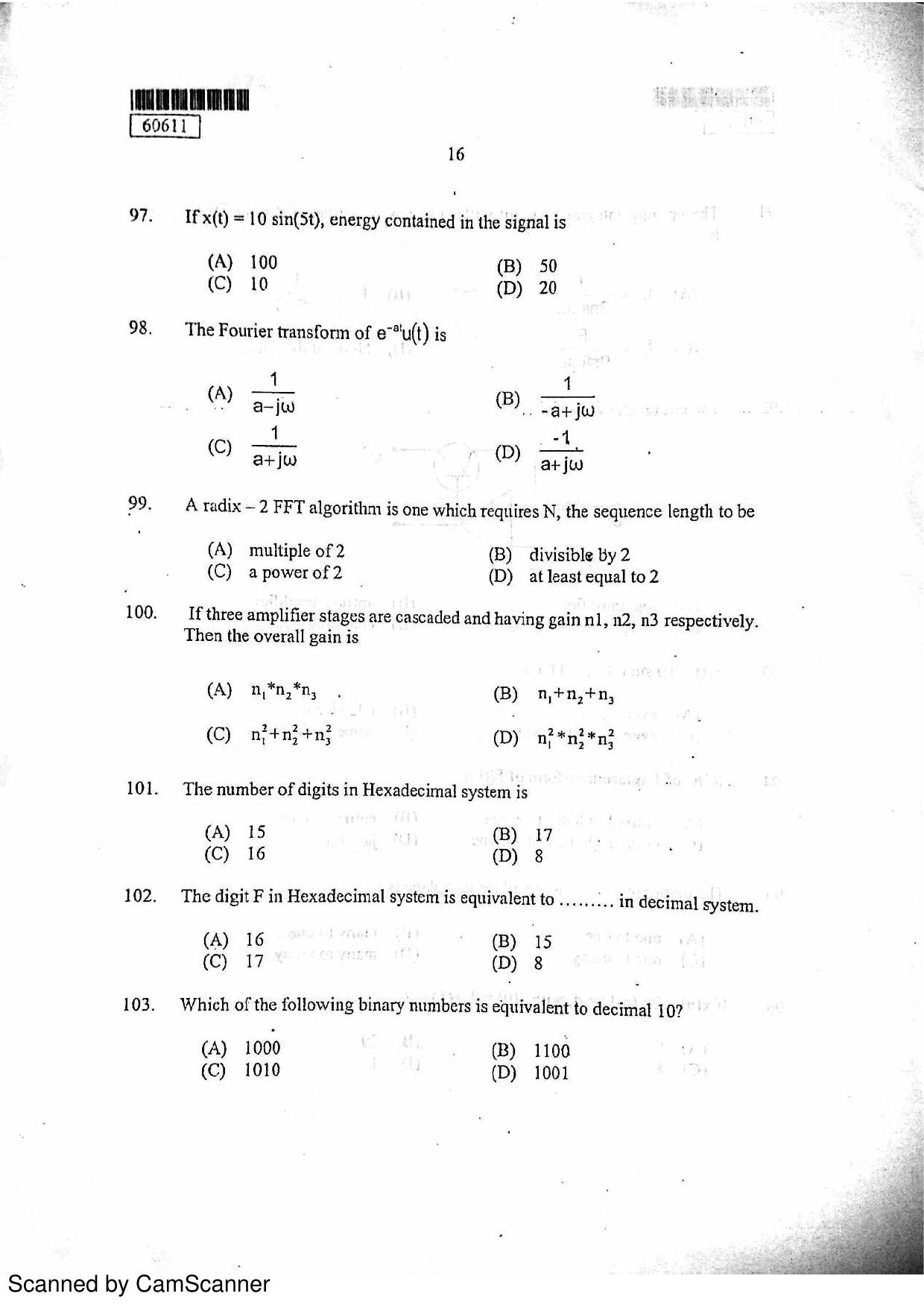 CUSAT CAT 2011 Electronics Question Paper - Page 17