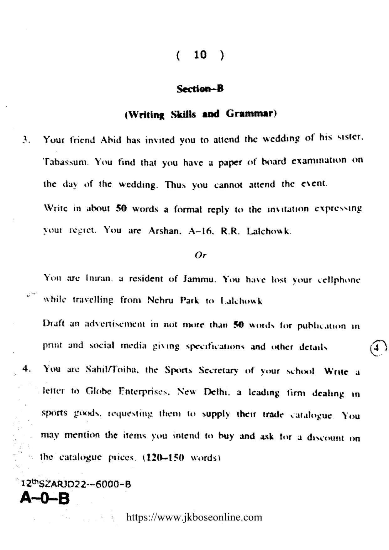 JKBOSE Class 12 English 6000-B Question Papers 2022 - Page 10