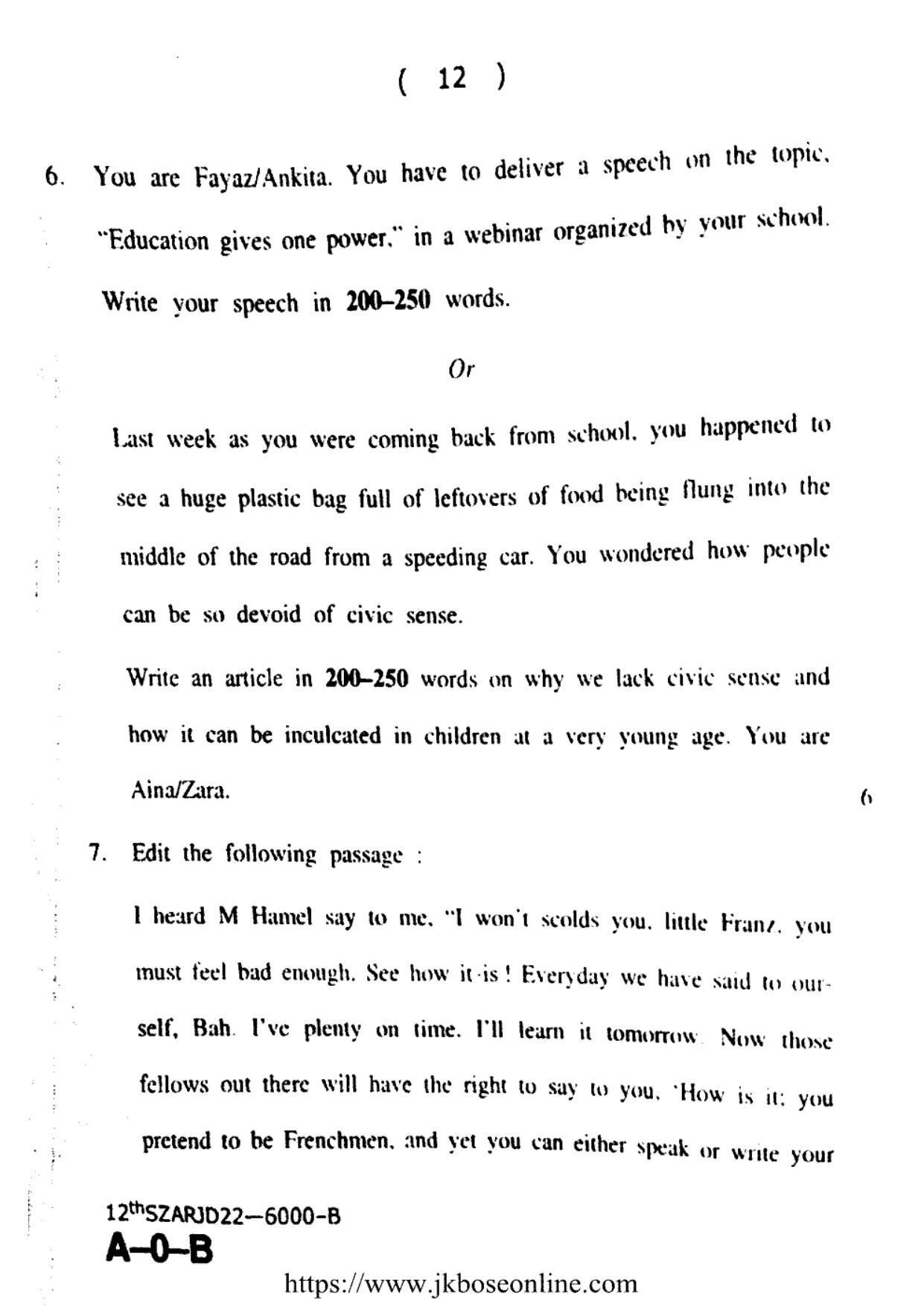 JKBOSE Class 12 English 6000-B Question Papers 2022 - Page 12