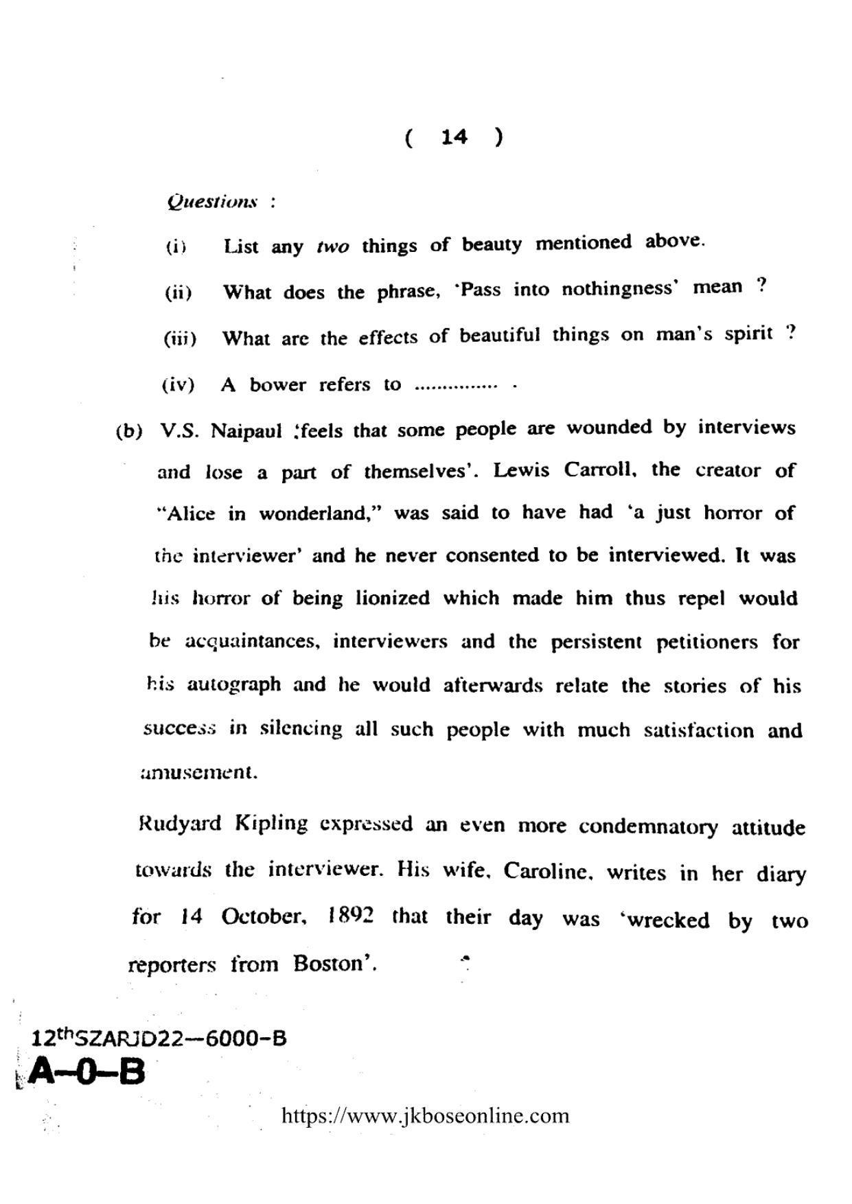 JKBOSE Class 12 English 6000-B Question Papers 2022 - Page 14