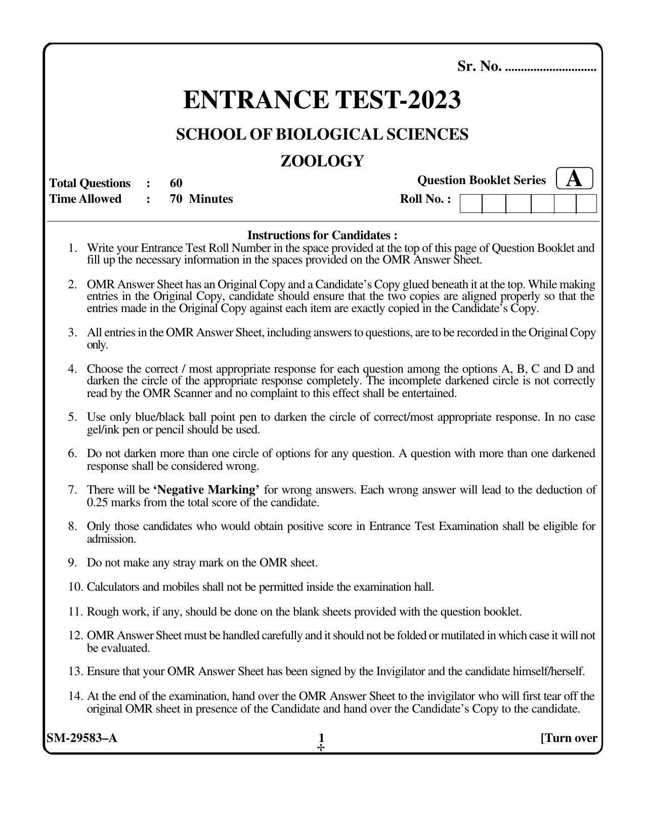 KUET 2023 M.Sc.Zoology Question Paper - Page 1