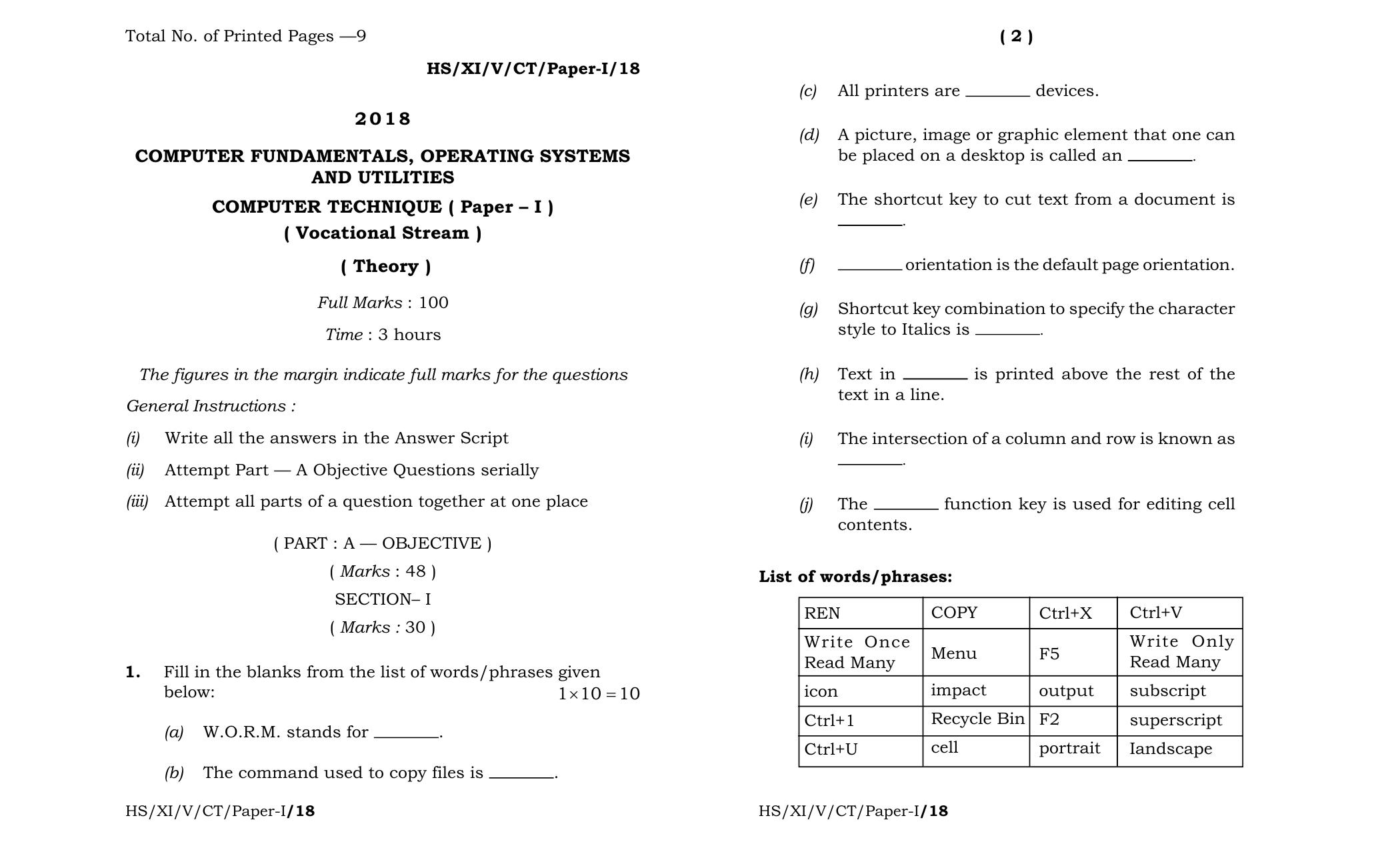 Meghalaya Board (MBOSE) Class 11 Computer_Technique_Paper-I 2018 Question Paper - Page 1