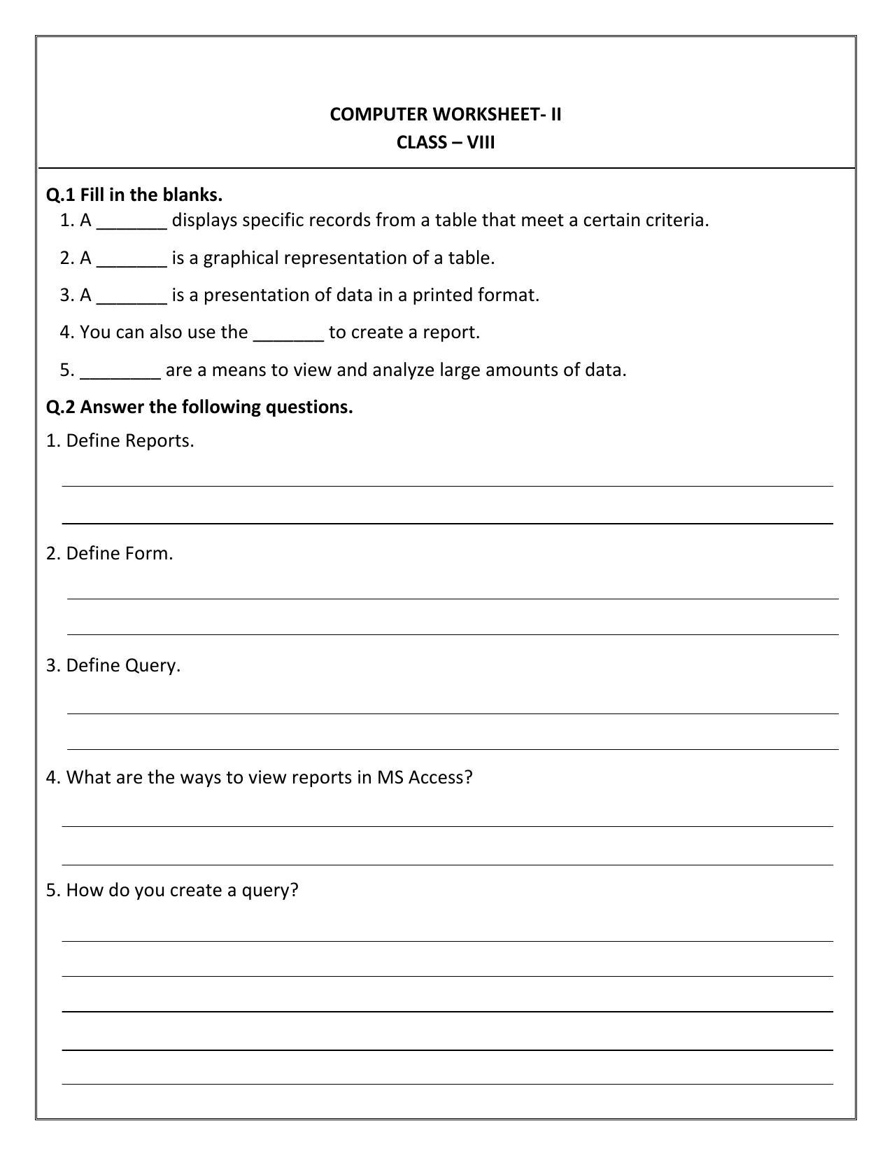 CBSE Worksheets for Class 8 Computer Science MS Access Assignment - Page 1