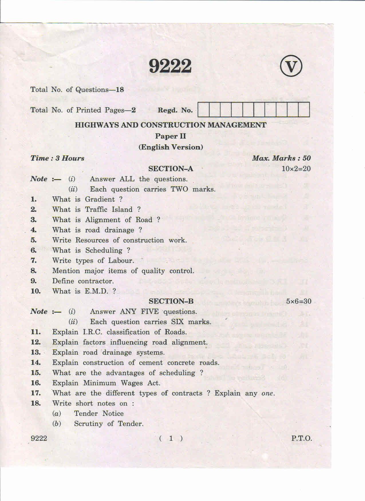 AP Inter 2nd Year Highways and Construction Management-II March-2019-Vocational Question Paper - Page 1