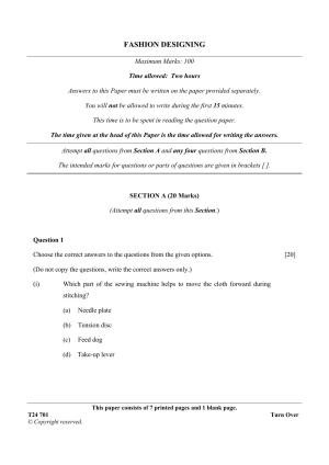 ICSE Class 10 Fashion Designing 2024 Question Paper