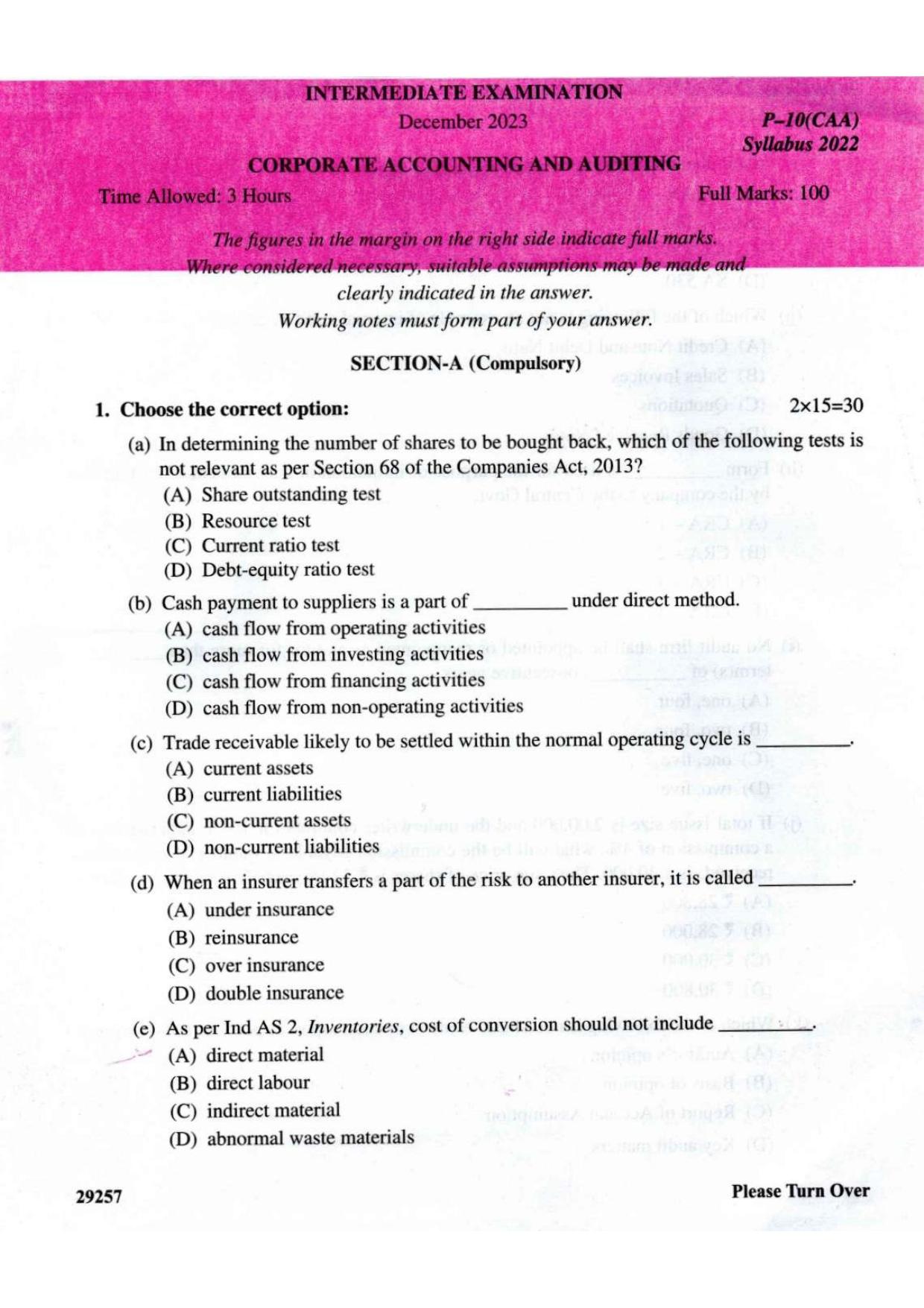 ICMAI Intermediate December 2023 Question Paper - Corporate Accounting And Auditing - Page 1