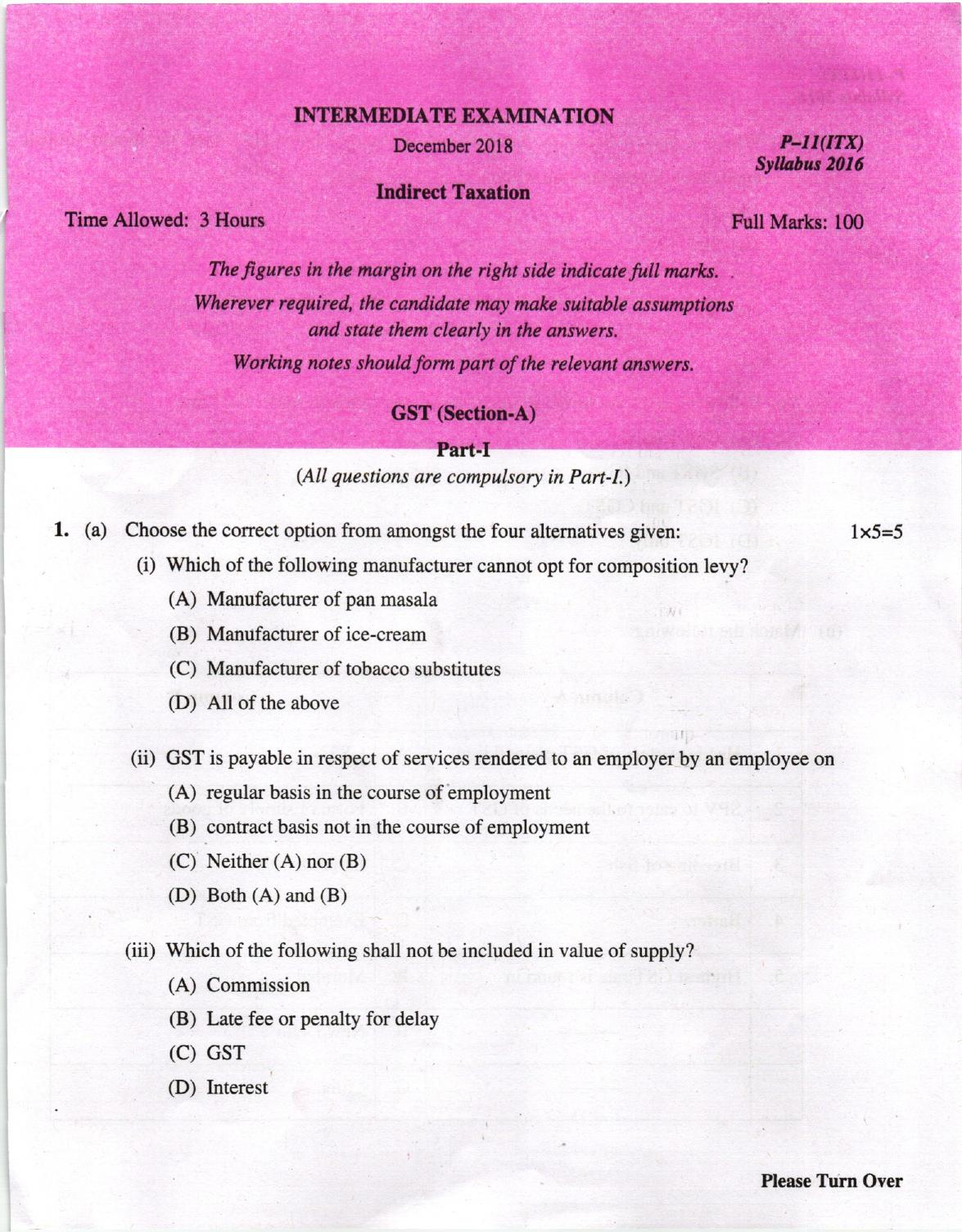 ICMAI Dec 2018 Indirect Taxation Question Paper - Page 1