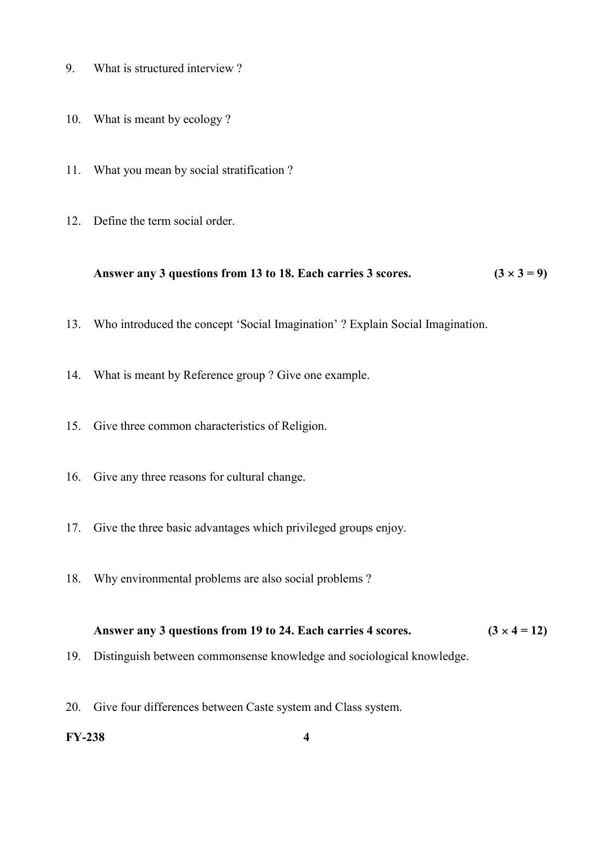 Kerala Plus One (Class 11th) Sociology Question Paper 2021 - Page 4