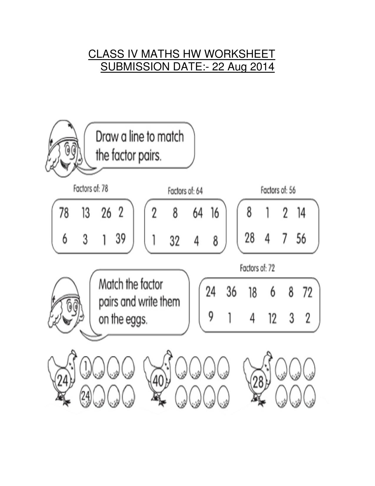 Worksheet for Class 4 Maths Assignment 54 Factors - Page 1