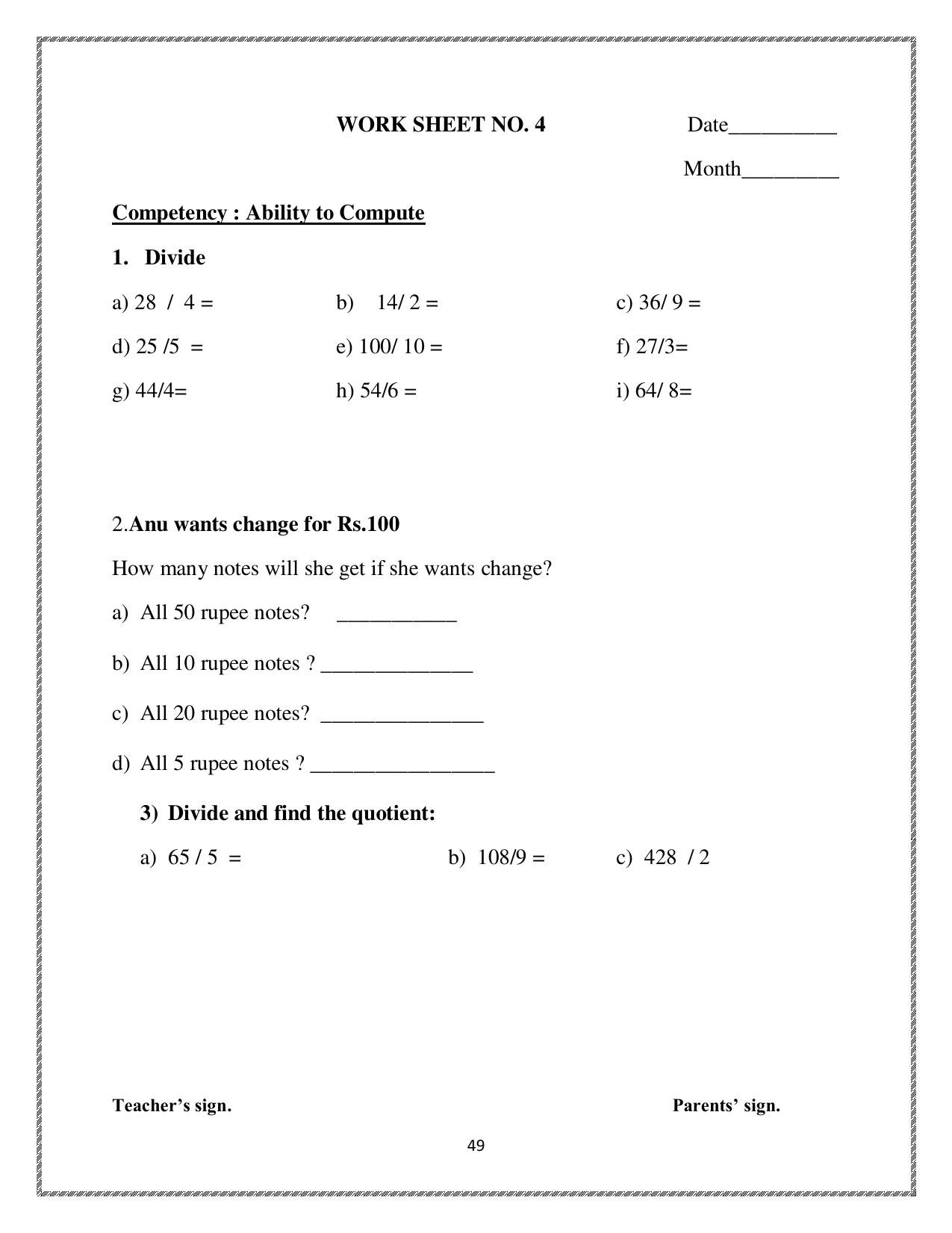 Worksheet for Class 4 Maths Tables and Shares Assignment 2 - Page 1