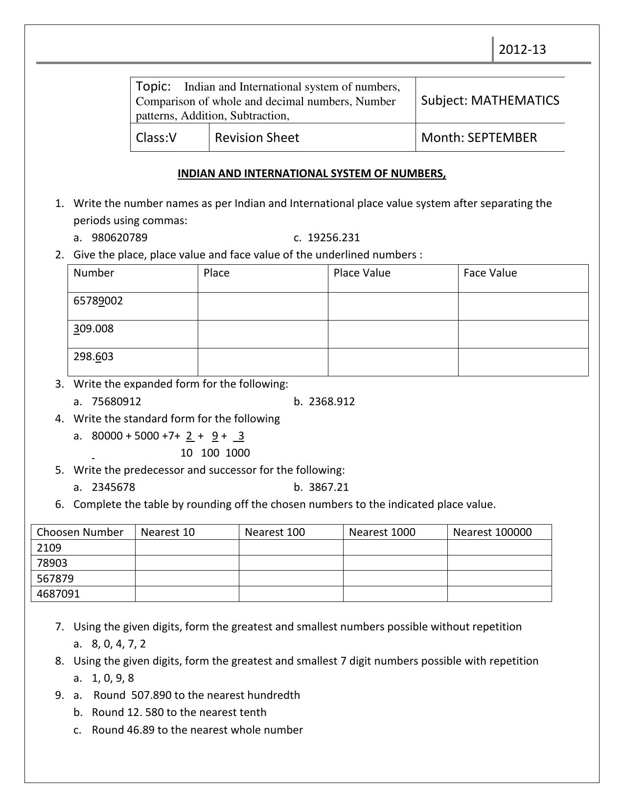 Worksheet for Class 5 Maths Assignment 44 - Page 1