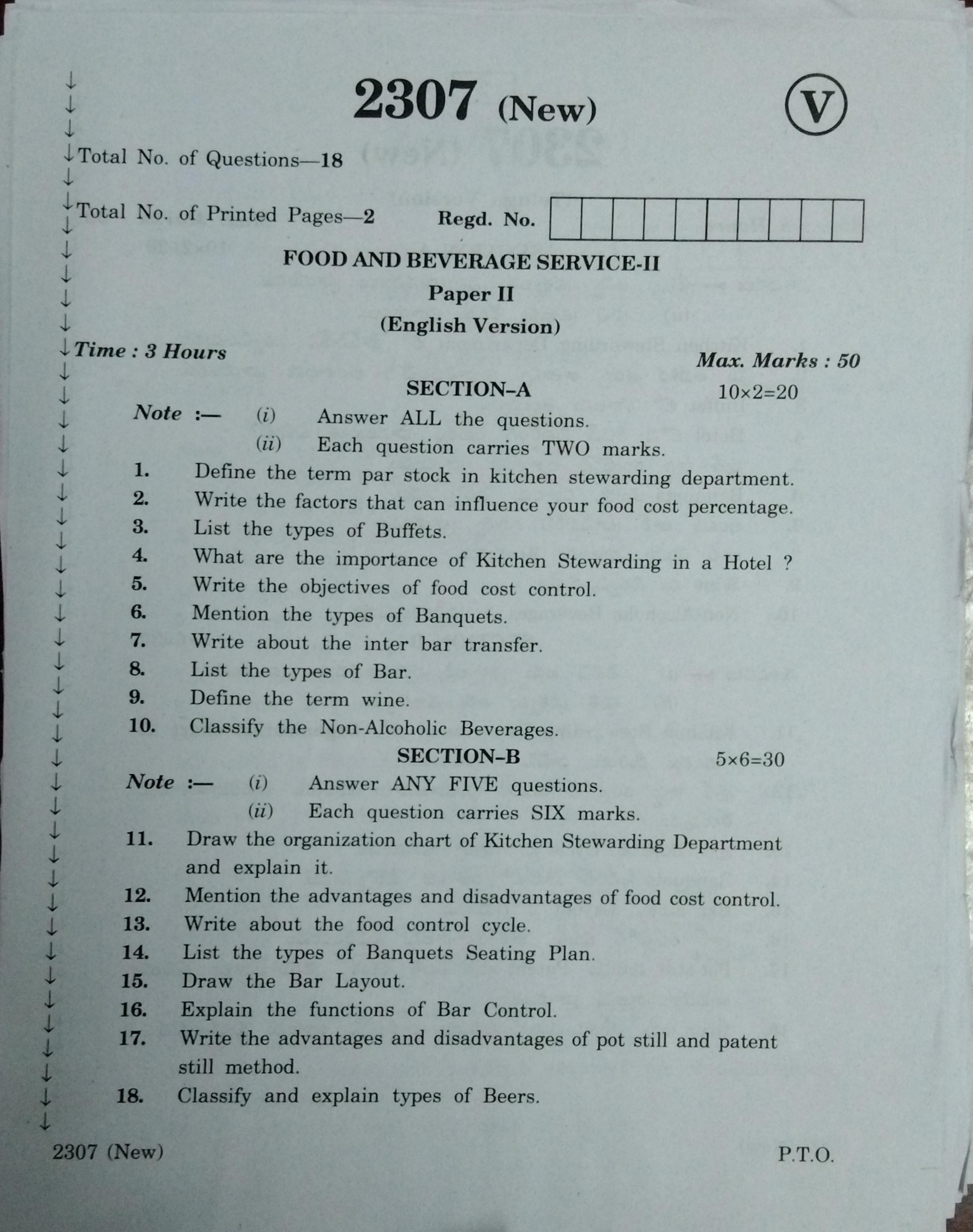 AP Inter 2nd Year Food and Beverage Service-II (new) March-2020-Vocational Question Pape - Page 1