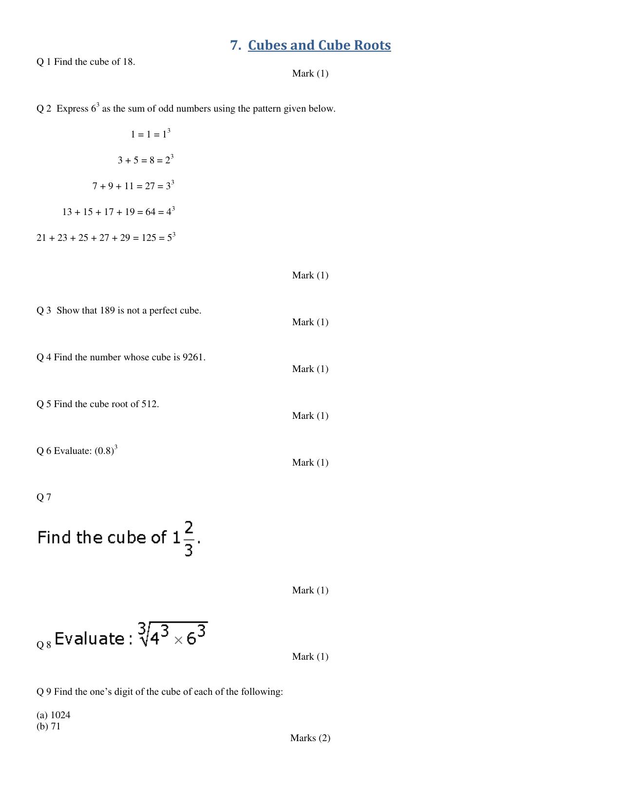 CBSE Worksheets for Class 8 Mathematics Cubes and Cube Roots Assignment - Page 1