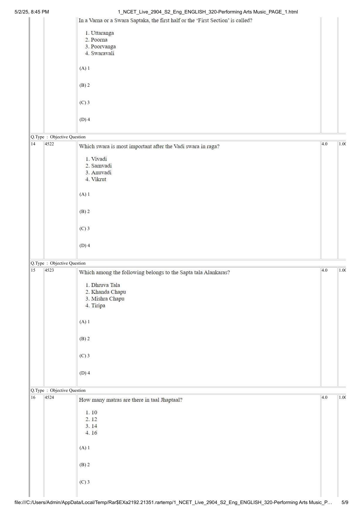 NCET 2025 Question Paper - Performing Arts Music - Page 5