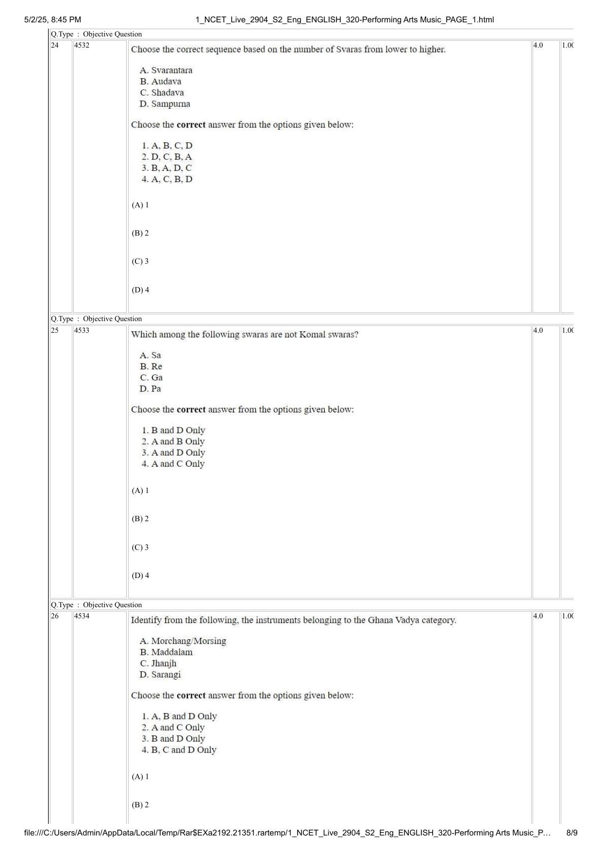 NCET 2025 Question Paper - Performing Arts Music - Page 8