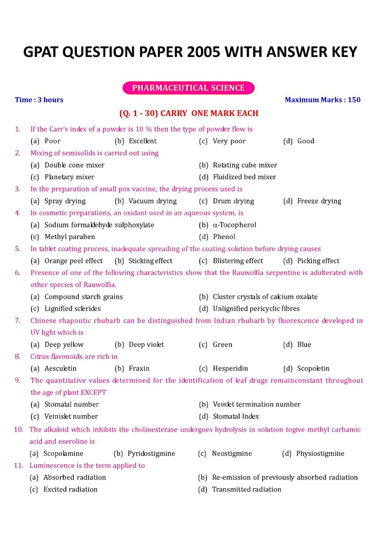 GPAT 2005 Question Paper with Answer Key - Page 1