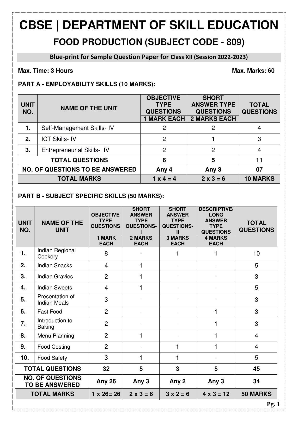 CBSE Class 12 Food Production (Skill Education) Sample Papers 2023 - Page 1