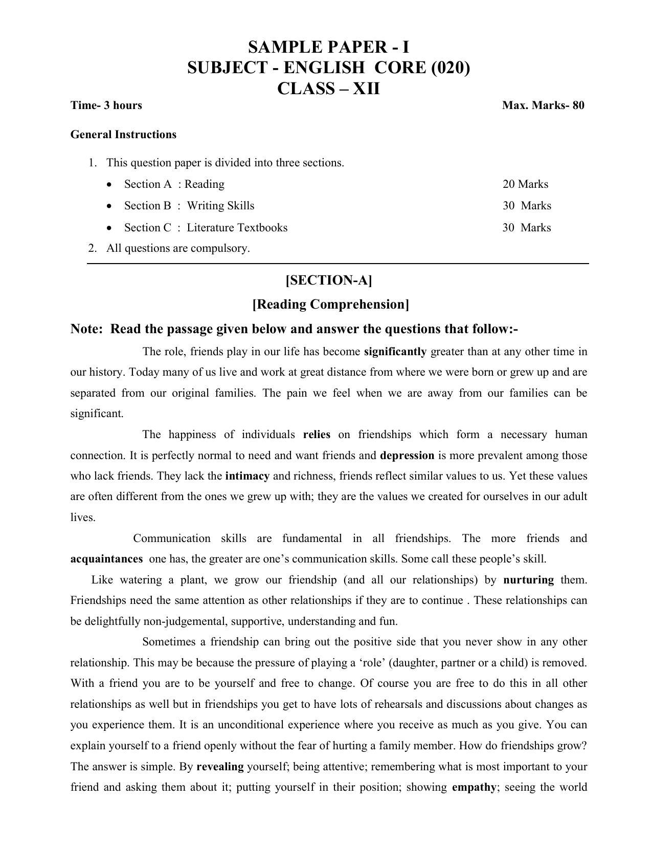 CG Board 12th English Sample Paper - Page 1