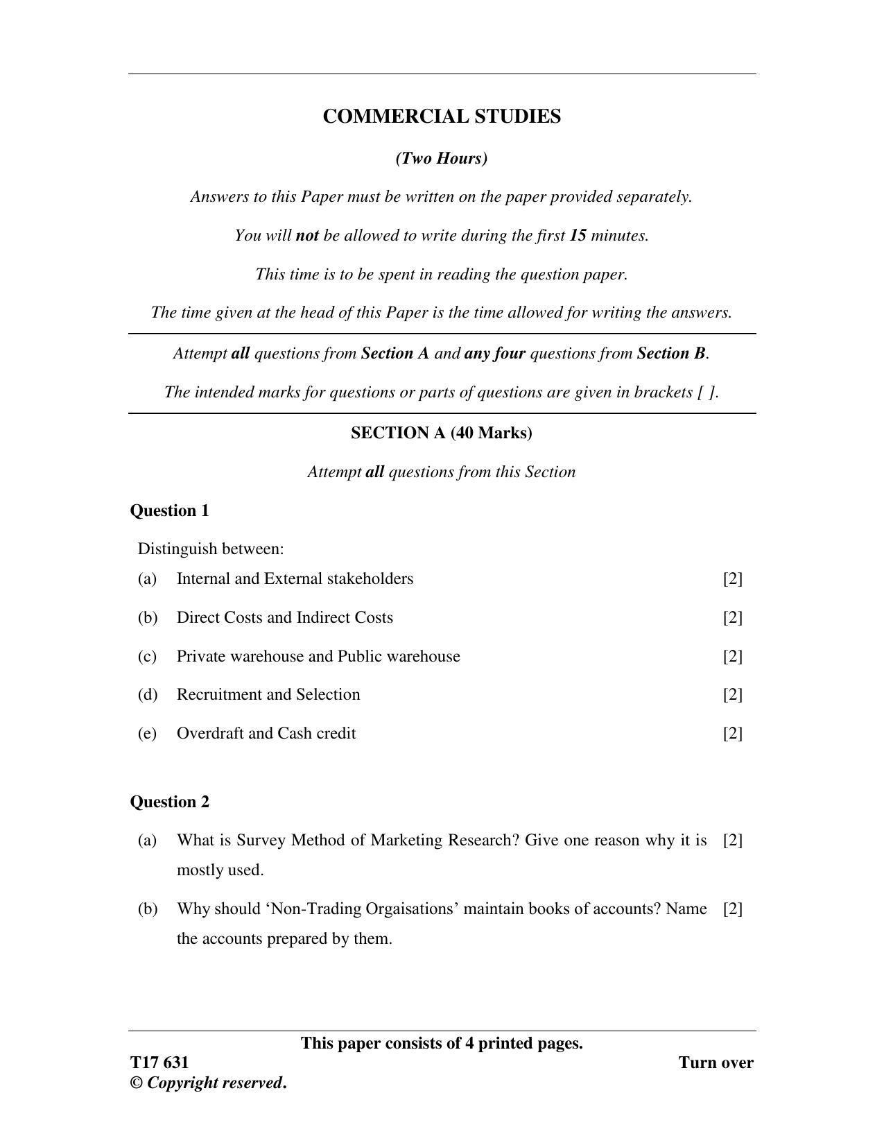 ICSE Class 10 COMMERCIAL STUDIES 2017 Question Paper - Page 1