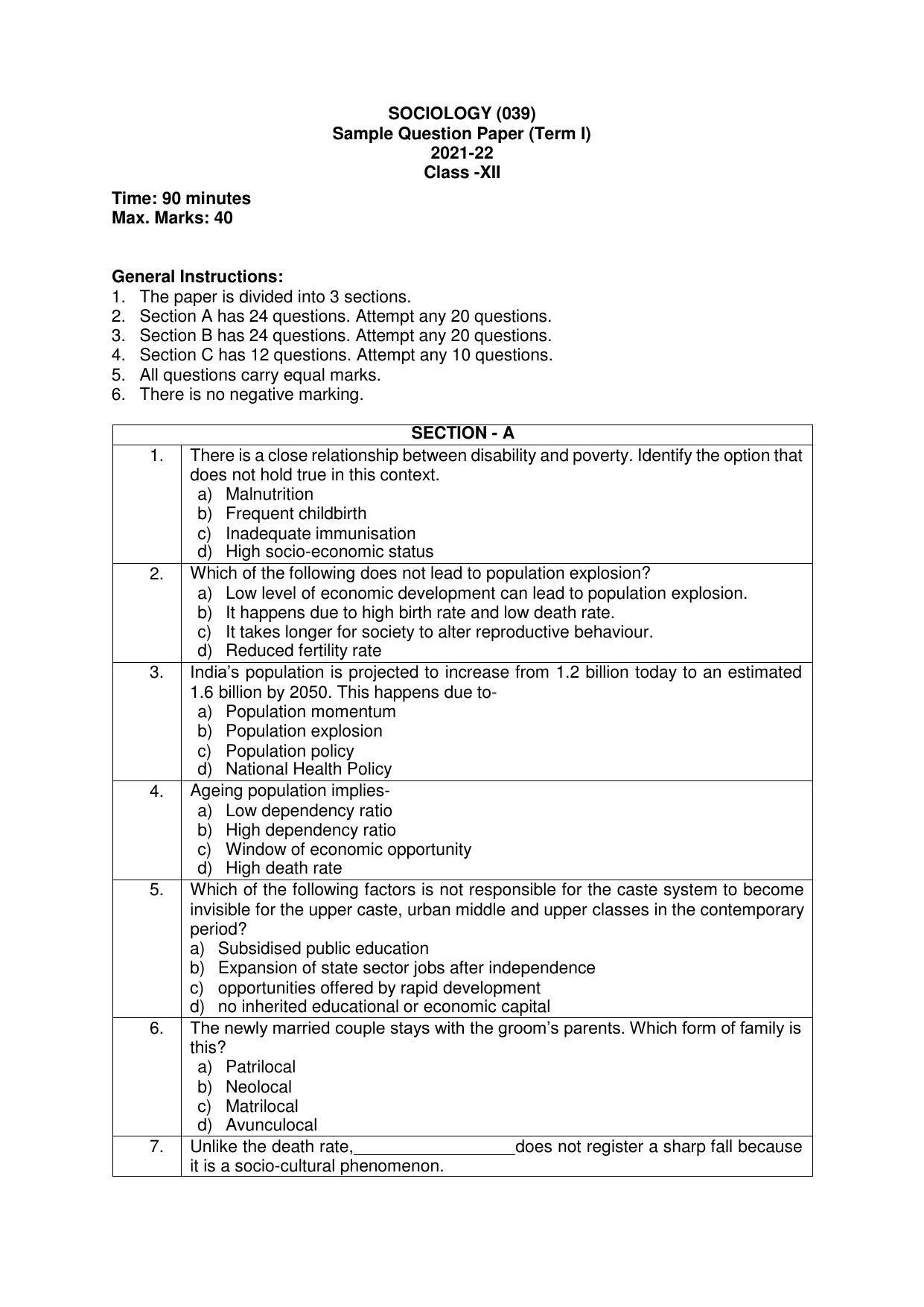 CBSE Class 12 Sociology Sample Paper 2021-22 - Page 1