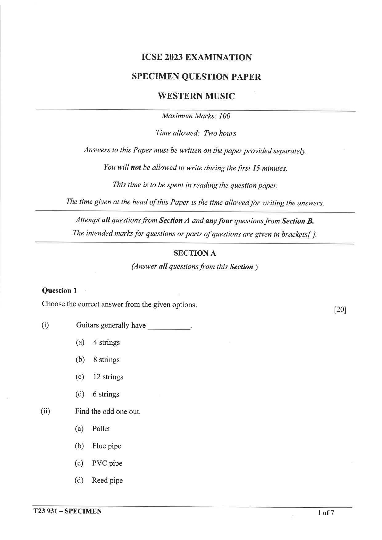 ICSE Class 10 Western Music Sample Paper 2023 - Page 1