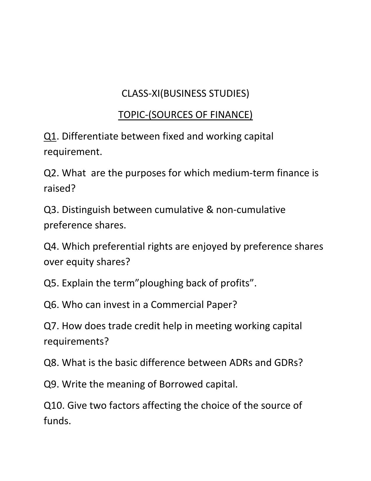 CBSE Worksheets for Class 11 Business Studies Sources of Finance Assignment - Page 1