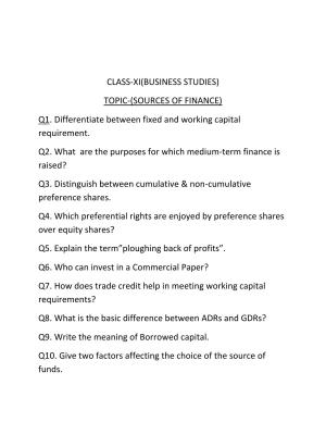 CBSE Worksheets for Class 11 Business Studies Sources of Finance Assignment