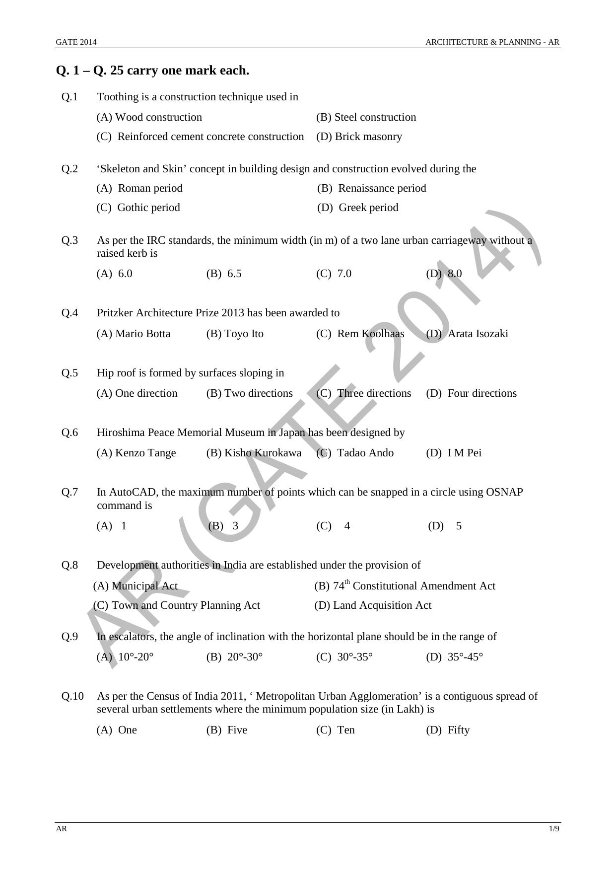 GATE 2014 Architecture and Planning (AR) Question Paper with Answer Key - Page 7