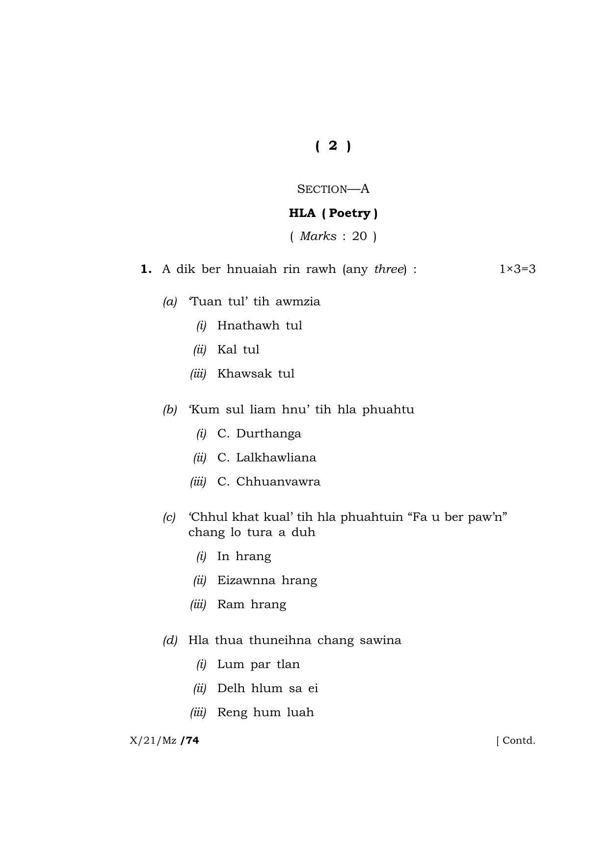 Meghalaya Board (MBOSE) Class 10 MIZO (X-21-Mz) 2021 Question Paper - Page 2