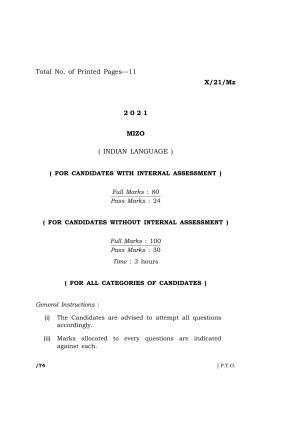 Meghalaya Board (MBOSE) Class 10 MIZO (X-21-Mz) 2021 Question Paper