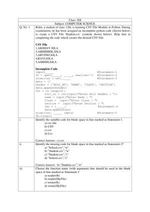 CBSE Class XII Computer Science Question Bank