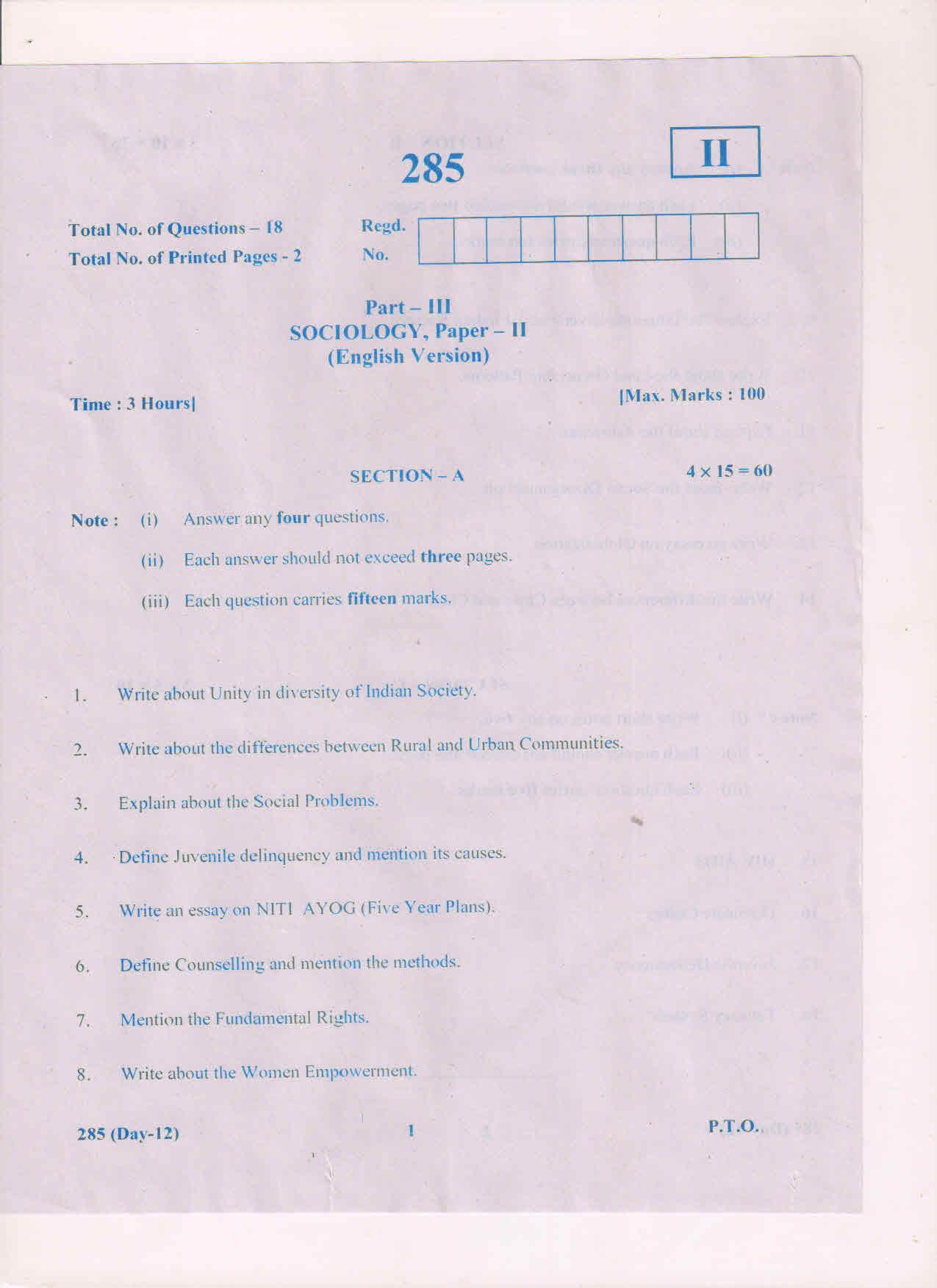 AP Inter 2nd Year Sociology-II (EM) March-2019-General Question Paper - Page 1