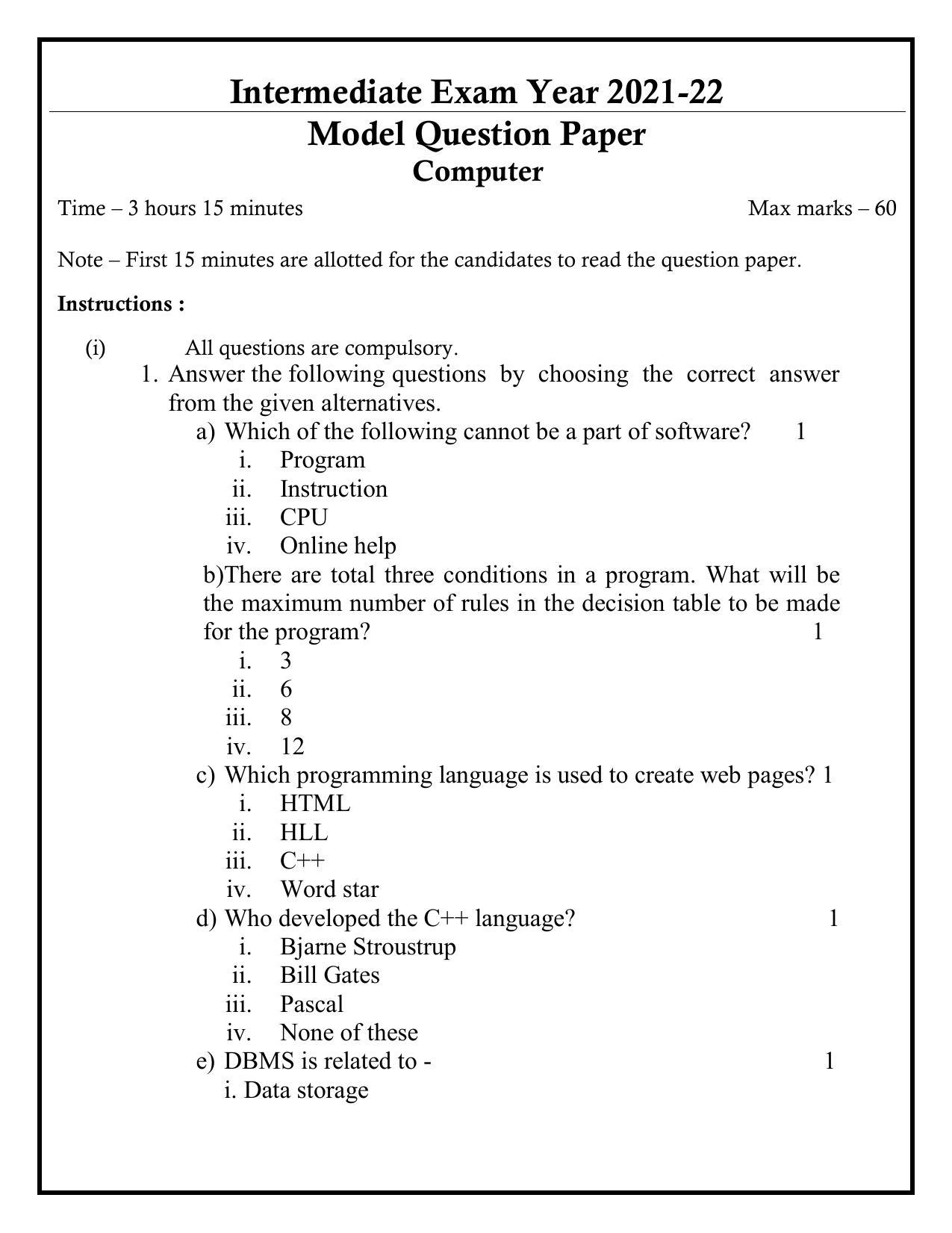 UP Board Class 12 Computer Model Papers 2023 - Page 1