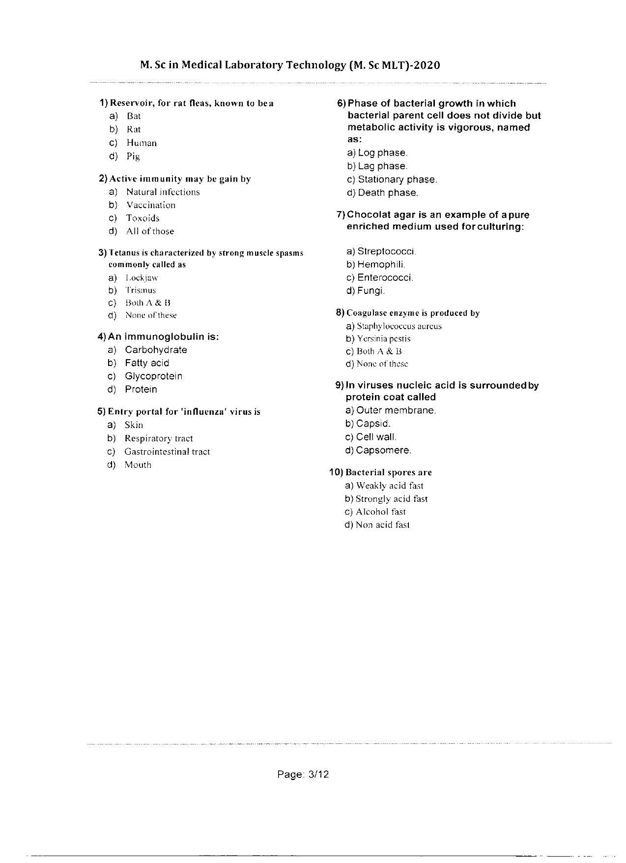 WBJEEB JEMAS (PG) 2020 MSc MLT Question Paper - Page 3