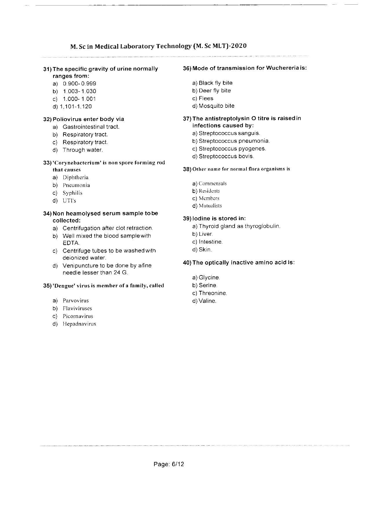 WBJEEB JEMAS (PG) 2020 MSc MLT Question Paper - Page 6