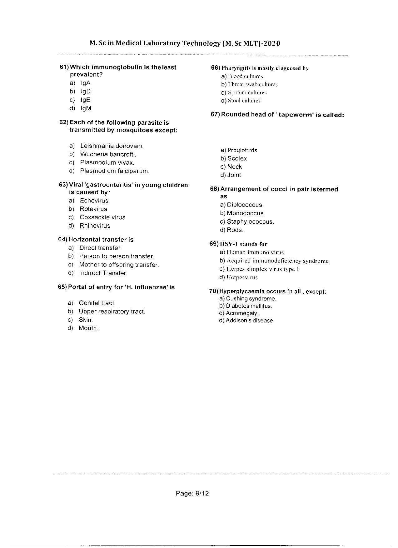 WBJEEB JEMAS (PG) 2020 MSc MLT Question Paper - Page 9