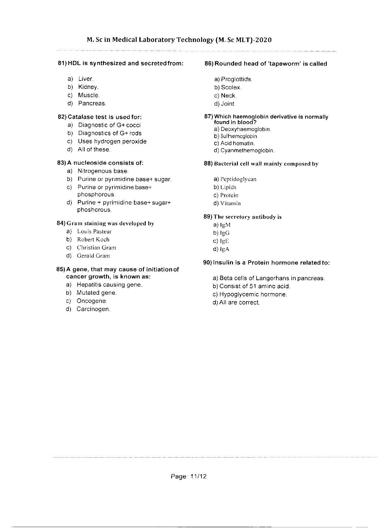 WBJEEB JEMAS (PG) 2020 MSc MLT Question Paper - Page 11