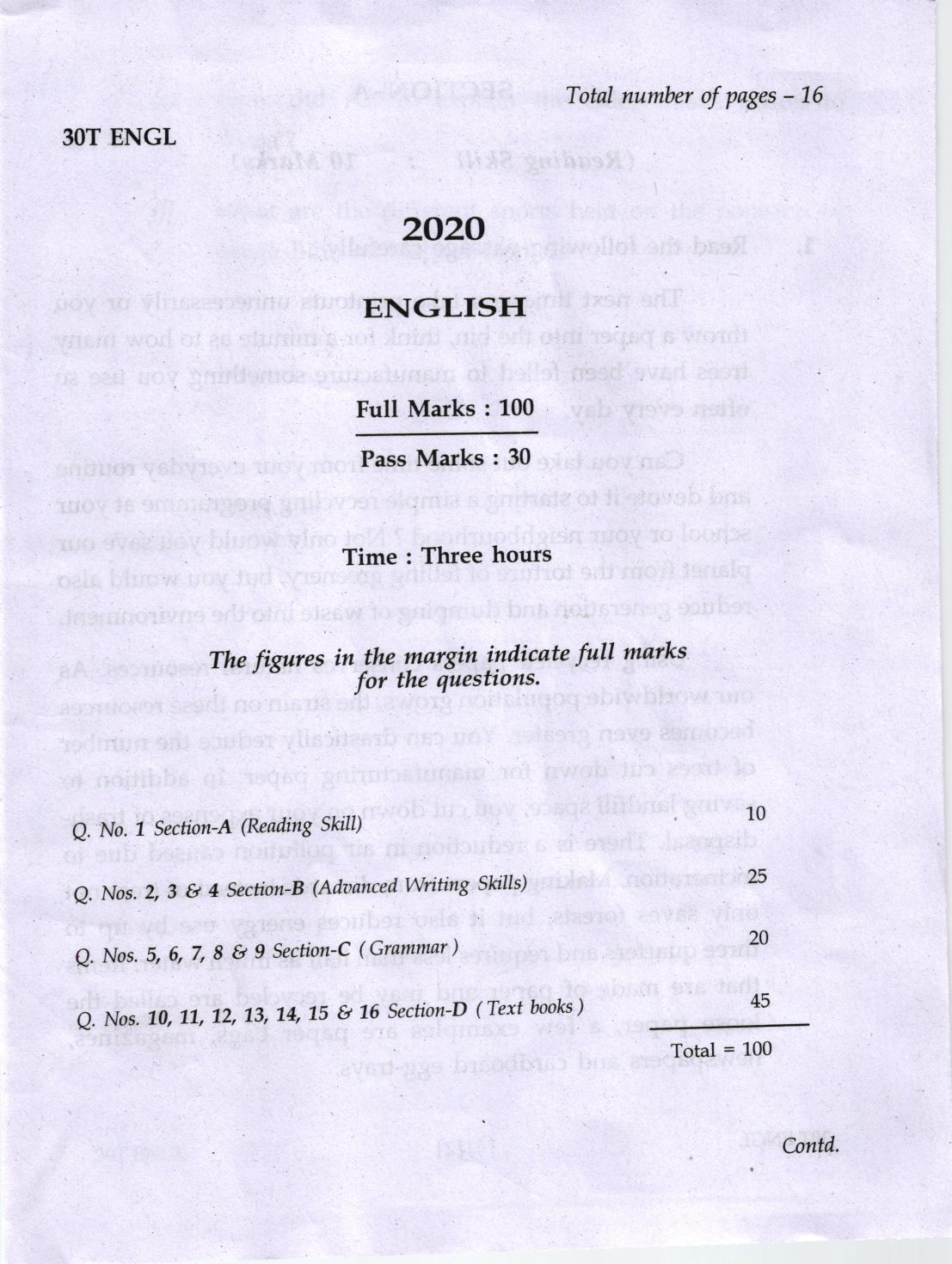 AHSEC Class 12 English Question Papers 2020 - Page 1
