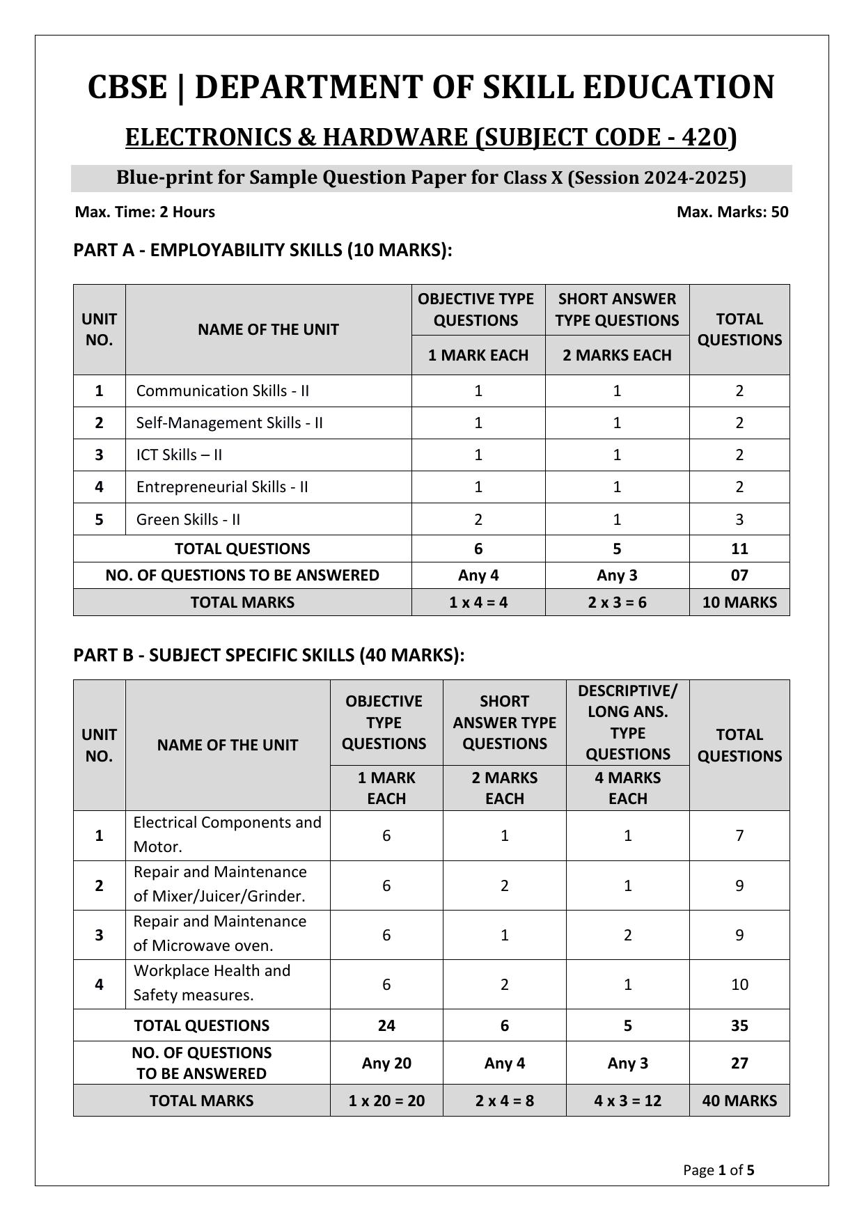 CBSE Class 10 Electronics & Hardware Sample Paper 2025 - Page 1