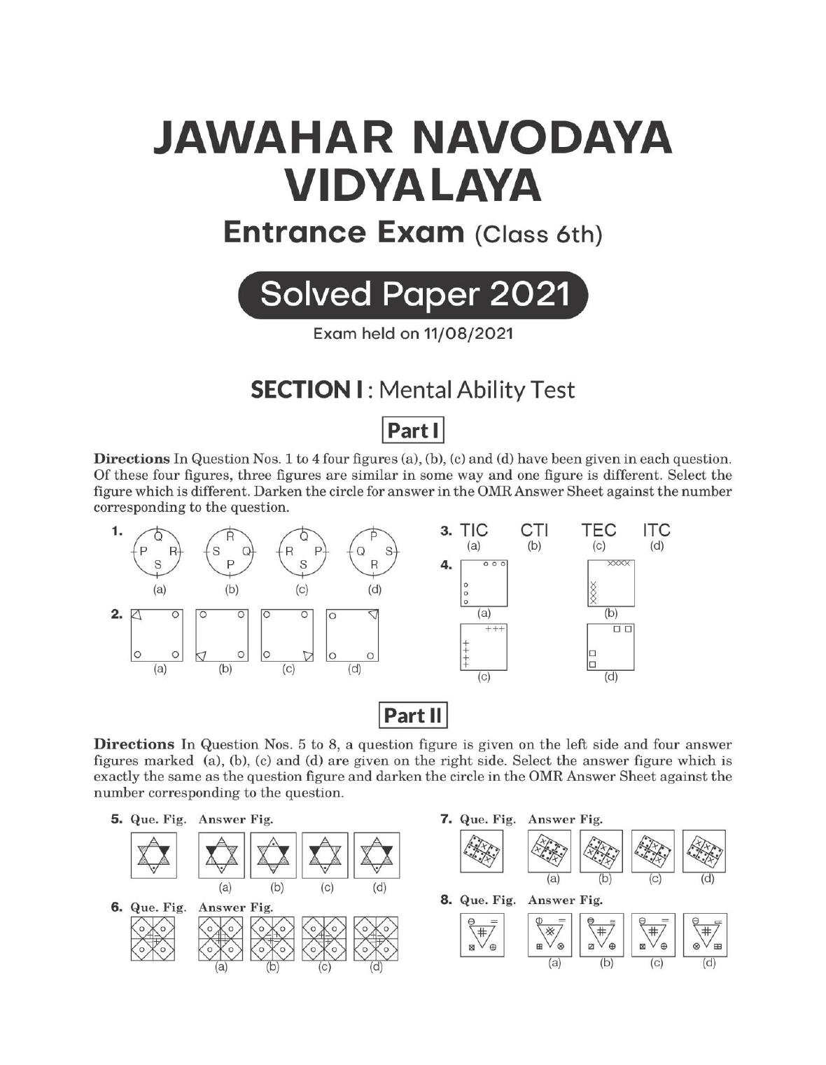 JNVST Class 6 2021 Question Paper with Solutions - Page 1