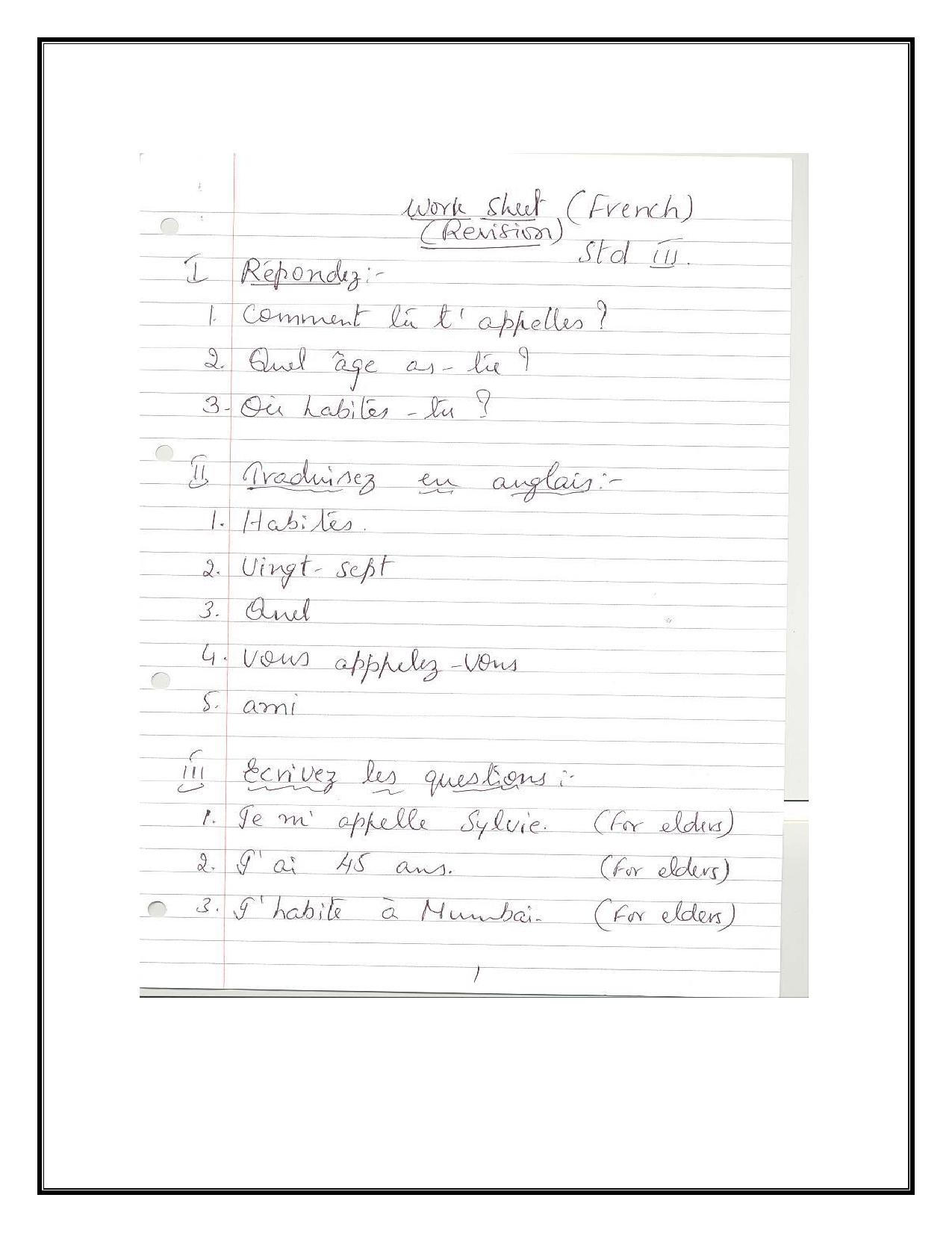 Worksheet for Class 3 French Assignment 9 - Page 1
