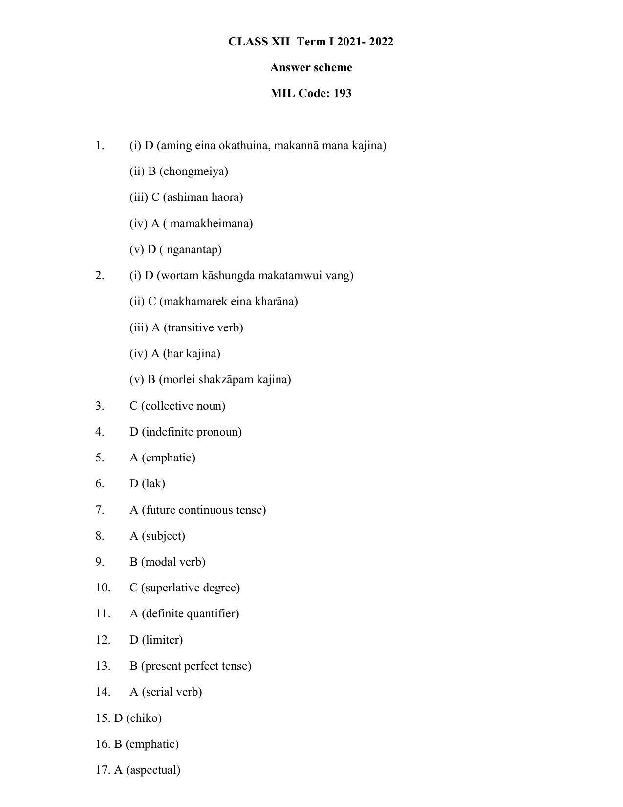 CBSE Class 12th Tangkhul Sample Question Paper Answer Key 2021-22 - Page 1