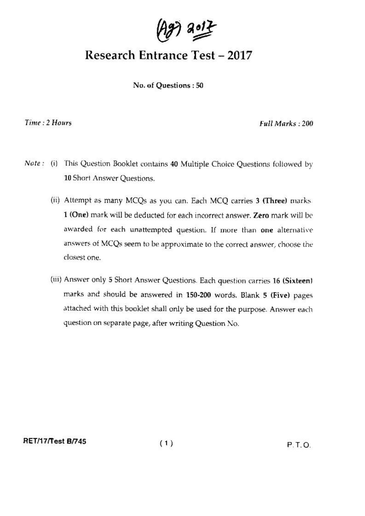 BHU RET(Agriculture) Ag. Engg. (Ag. Statistics) 2017 Question Paper - Page 3