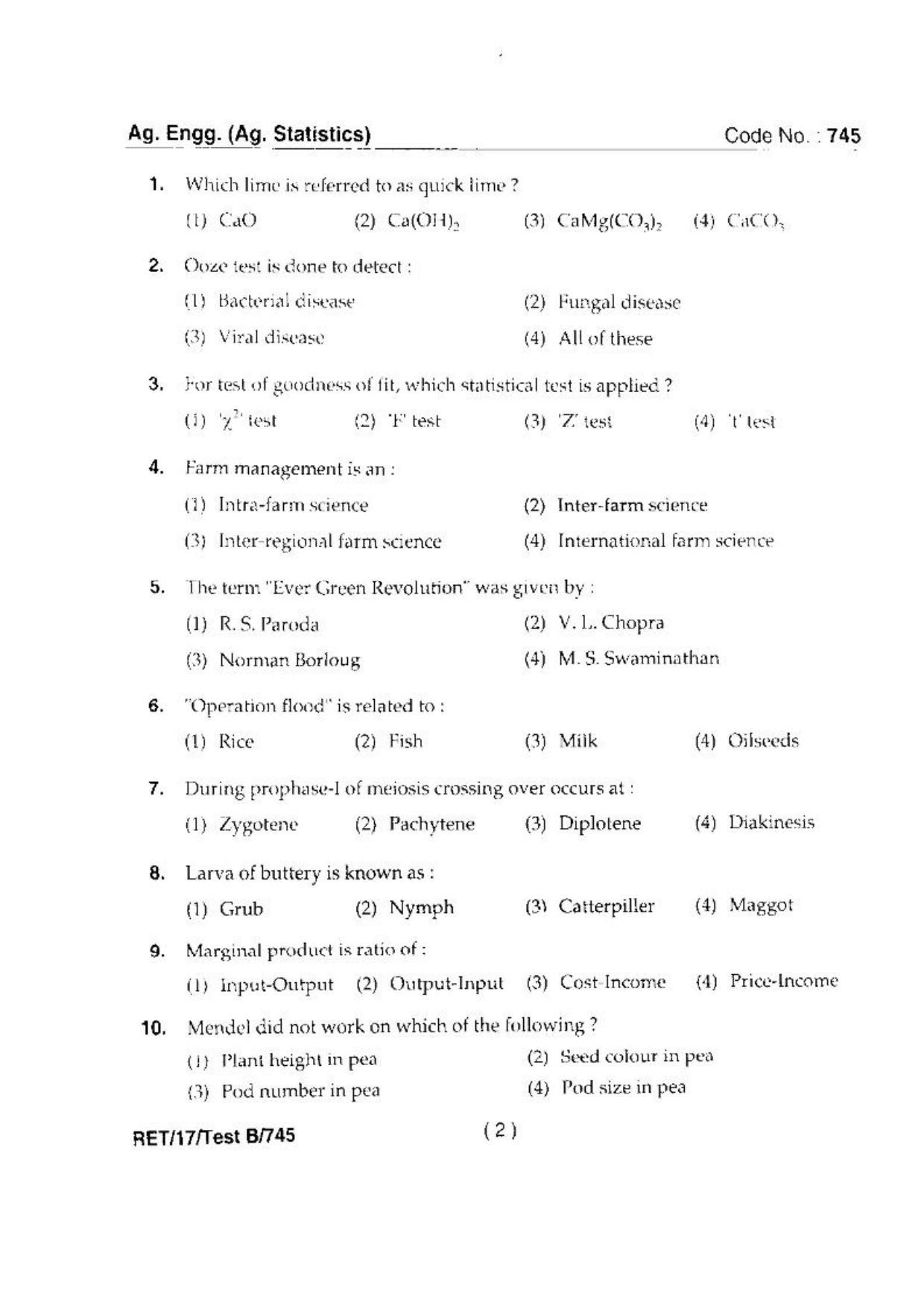 BHU RET(Agriculture) Ag. Engg. (Ag. Statistics) 2017 Question Paper - Page 4