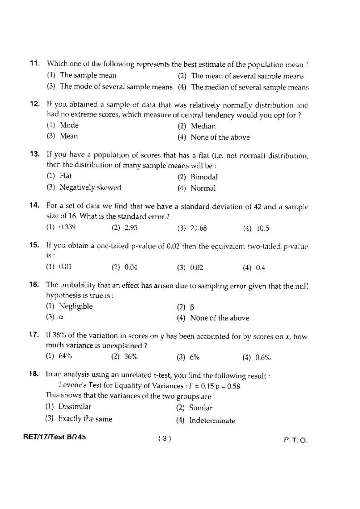 BHU RET(Agriculture) Ag. Engg. (Ag. Statistics) 2017 Question Paper - Page 5